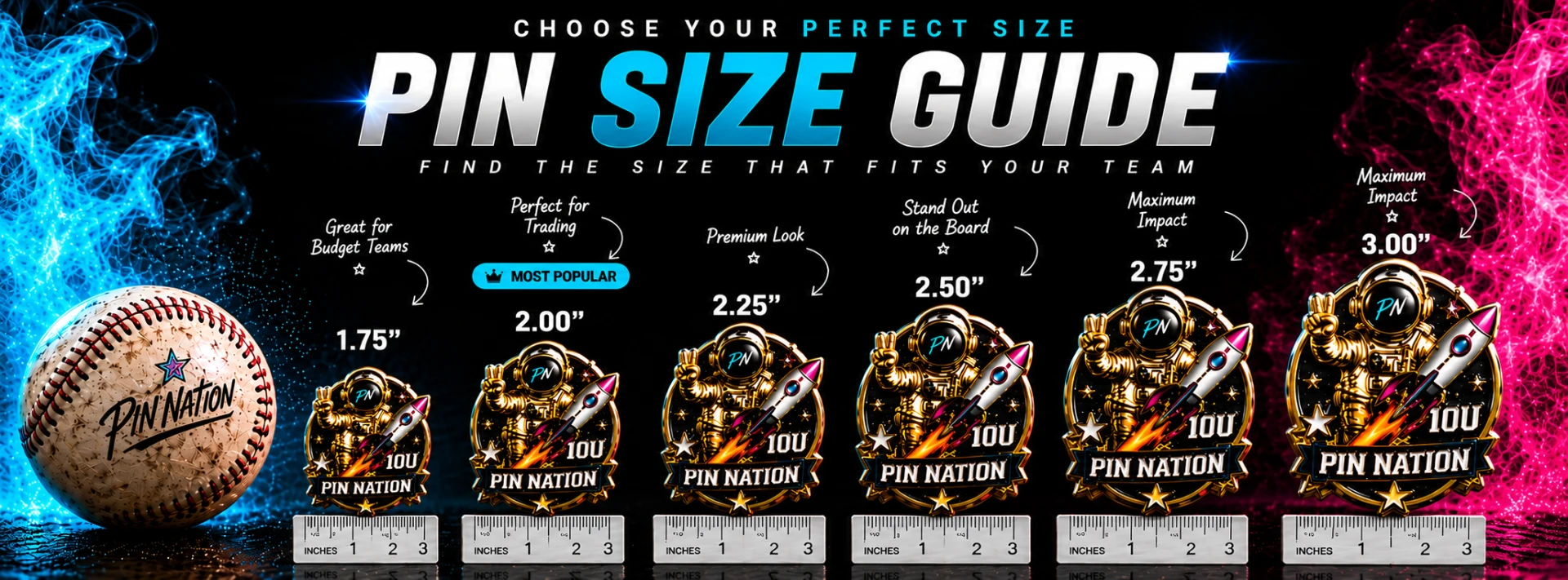 Pin Size Guide comparing custom trading pin sizes from 1.75 inches to 3.00 inches